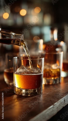Golden Spirit Pour: Witness a moment of pure indulgence as amber liquor cascades into a glass over ice, set against a backdrop that whispers of sophistication.