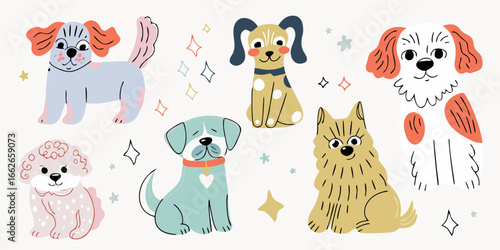 Collection of cute hand-drawn dogs with stars Keywords: dogs, puppies, cute, cartoon, hand-drawn