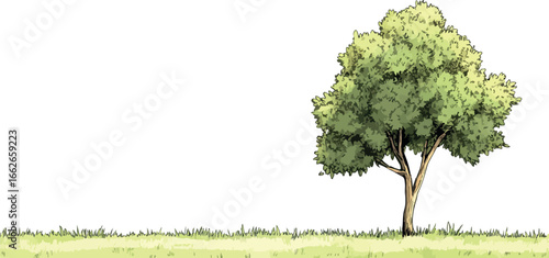 Single lush green tree with textured bark stands tall on a grassy field against a white sky