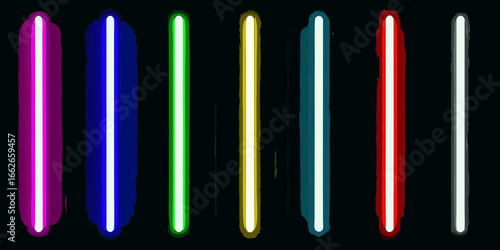Eight colorful glowing lightsaber blades on black background