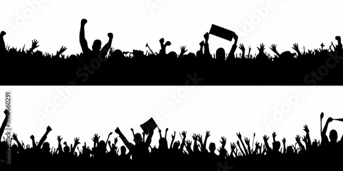 Silhouetted crowd with raised hands and flags on white background