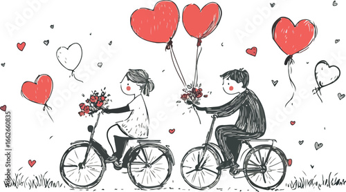 Romantic couple riding bicycles together holding heart shaped balloons and flowers on valentines day