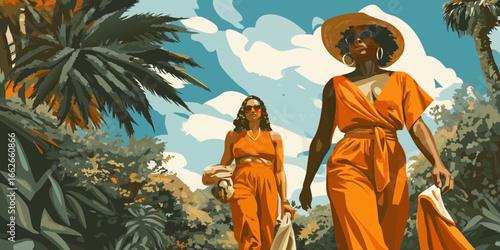 Two Women in Orange Outfits Walking in Tropical Foliage