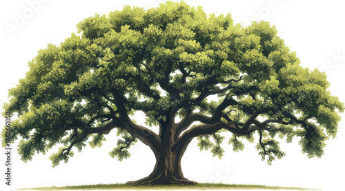 Majestic live oak tree with lush green canopy standing tall against white background