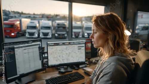 Focused Logistics Professional: A concentrated female logistics professional reviews complex data on multiple computer monitors, managing trucking fleet operations.