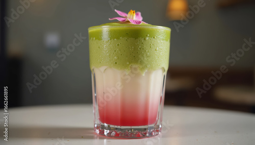 Wallpaper Mural Layered matcha latte, green tea, milk, and red syrup in glass, topped with pink flower, on white table in cozy cafe, creating refreshing and inviting atmosphere Torontodigital.ca