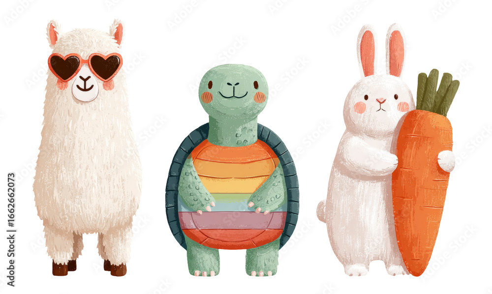 Obraz premium Cute Cartoon Animals on Transparent Background Featuring a Llama, Turtle, and Bunny