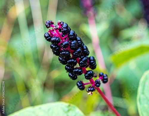Close-up of dark berries on a pink stem