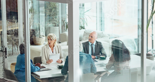 Fotografie Business, people and meeting with document in office for finance pitch, investment request or above