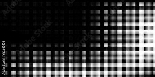 Grunge halftone gradient background. Faded dotted grit noise texture. Black and white rasterized sand wallpaper. Retro pixelated bitmap backdrop.
