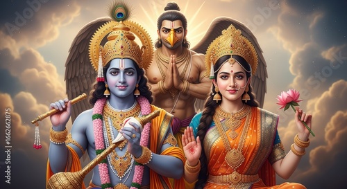 Lord krishna, goddess lakshmi, and garuda in a divine celestial setting, representing hindu spirituality and mythology