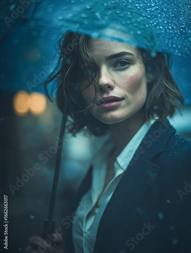 An office woman holding an umbrella walks while it rains in the evening.