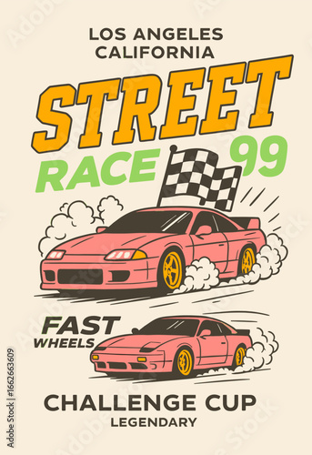 Sport car print design for t shirt print, poster, sticker, background and other uses. Fast wheels challenge. California street race design. Street Racing club. Rancing club Illustration