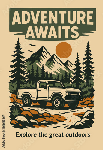vintage forest car vector. Retro mountain driving design. Mountain adventure landscape engraving illustration.	