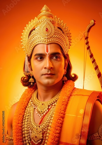 Lord ram, the hindu deity, depicted in traditional attire with a crown, jewelry, and holding a bow and arrow