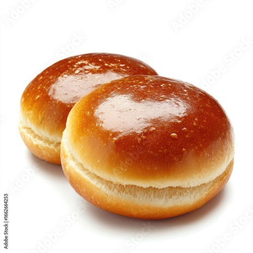 Two round, golden-brown hamburger buns, slightly glossy, sit on a plain white background