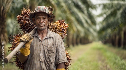 Hardworking farmer gathering palm oil harvest in rural field