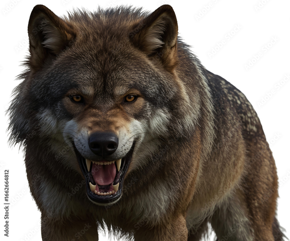 Fototapeta premium Angry wolf snarling, forest background, wildlife portrait, graphic design