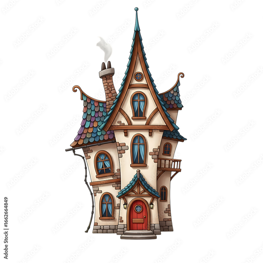 Fototapeta premium Illustration of whimsical illustration of a charming, oldfashioned fantasy house with a colorful, ornate roof, a smoking chimney, and arched windows, isolated on transparent background
