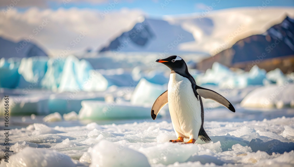 Fototapeta premium a penguin standing amidst a frosty, icy landscape that appears to be a glacier covered landmass, likely antarctica, given the stark white and blue environment indicative of such locations.