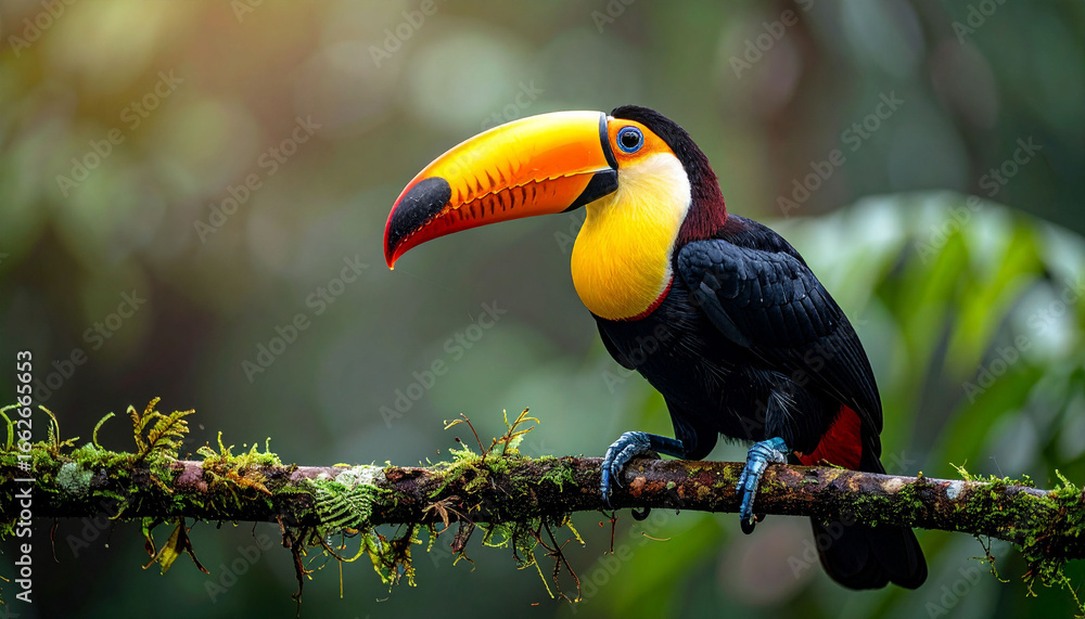 Obraz premium a vibrant tropical parrot perched along a branch of a tree with lush greenery. the parrot has a prominent crest on its head and a colorful plumage with hues of yellow and green