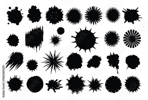 Set of black ink grunge vector paint splashes and blots for design