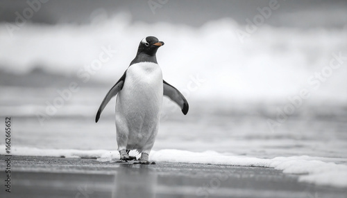 there is a penguin standing on the shore of a beach, close to the ocean's edge. the penguin appears to be in motion, possibly walking towards the water