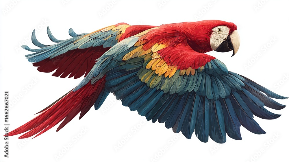 Fototapeta premium Colorful macaw in flight against a white background