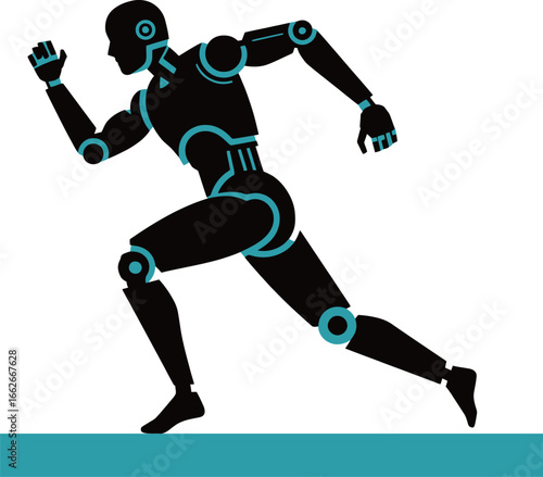 A stylized robot is captured in mid-stride, demonstrating speed and agility. Its sleek lines and jointed limbs convey a sense of advanced technology and motion.