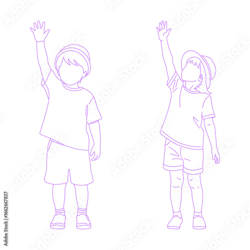 Line art illustration of child raising hand
