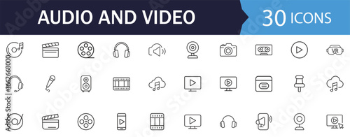 Audio and video line Icon Set. Features icons of album, buttons, cinema, clip and conference . Perfect for media apps and communication technology.
