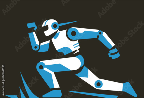 A robot is captured mid-run, featuring a sleek design with blue and white colors. The illustration emphasizes motion and modern technology in a digital art style.