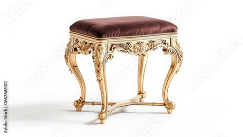 A luxurious gold stool with brown cushion and ornate carvings on a white background in studio light