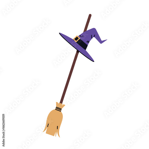 A charming stylized witch's pointed hat and a classic broomstick are depicted leaning together in a clean 2D flat vector illustration, showcasing minimalist solid colors on a bright white background.