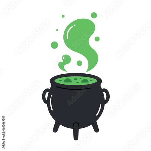 A minimalist 2D flat vector illustration depicts a bubbling cauldron emitting stylized green smoke, seen from a high-angle view, isolated on a clean white background.