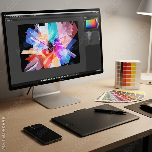 Minimalist Workspace of Graphic Designer with Digital Tools