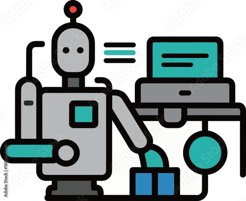 A colorful illustration features a cartoon-style robot interacting with a computer in a sleek workspace. The robot appears to assist in tasks, symbolizing the collaboration between technology and huma
