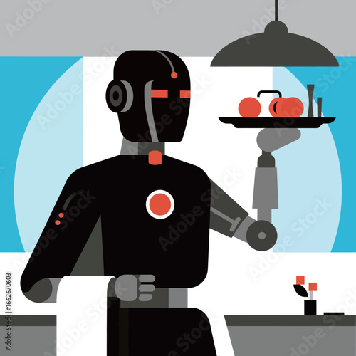A robot waiter stands in a contemporary kitchen, proudly holding a tray with red snacks. The room features a clean, minimalist design, with blue and white colors brightening the space.