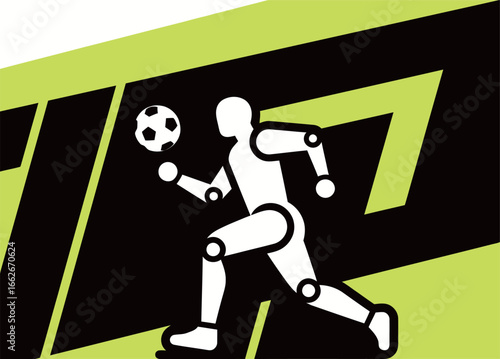 A dynamic representation shows a soccer player running towards the viewer, skillfully controlling the ball. The vibrant background contrasts with the bold, stylized design, capturing the eagerness and