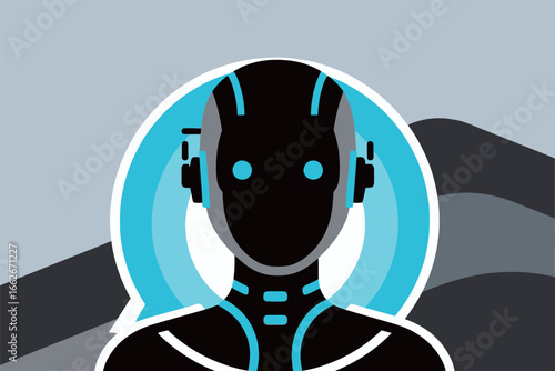 A sleek humanoid robot design displays a captivating black and blue aesthetic, highlighted by a minimalistic gray background. The robot features digital elements, emphasizing modern technology and rob