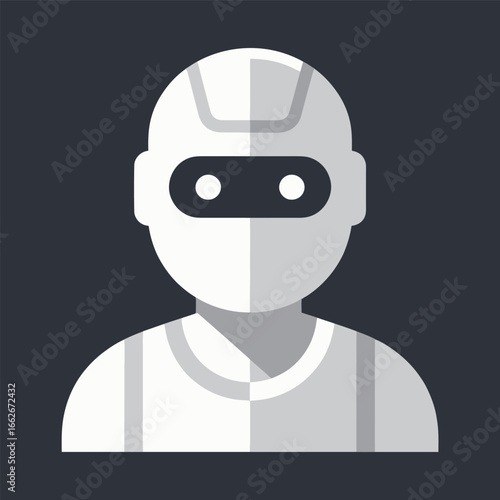 A stylized humanoid robot character is displayed, showcasing a modern helmet design. The figure features bold contrasts in colors with a simplistic aesthetic. The background is gray, enhancing the foc