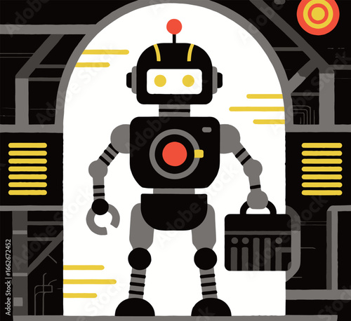 A humanoid robot with a bright yellow face and a prominent red antenna is positioned at the entrance of a high-tech laboratory.