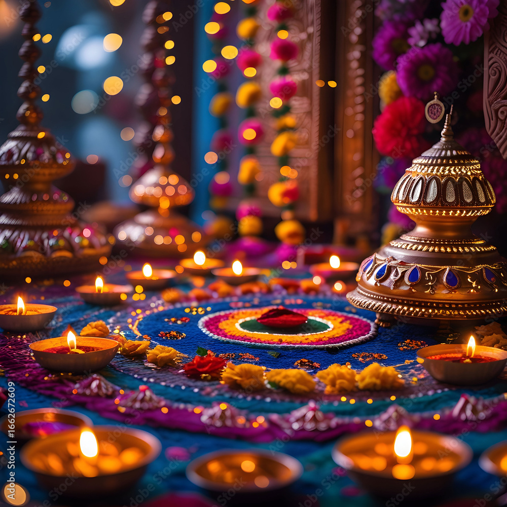 Naklejka premium Vibrant Diwali Rangoli: Festive Lights and Decorations