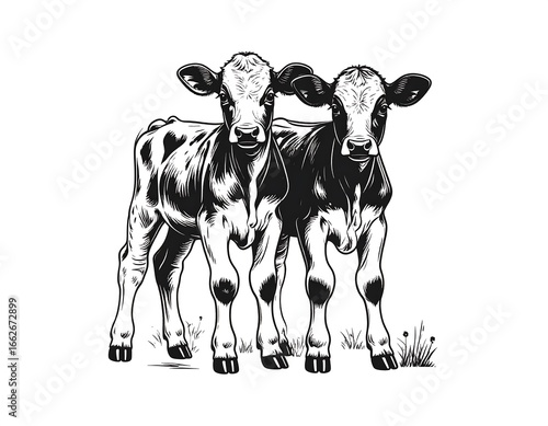 Two black and white calves standing together