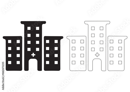 Hospital Building Icon - Fill and Outline Style. A clean, modern hospital building icon shown in both a filled and outlined style. Perfect for healthcare apps, websites, signage, and medical branding.