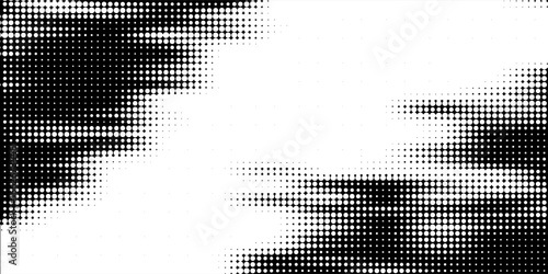 Grunge halftone gradient background. Faded grit noise texture. White and black sand wallpaper. Retro pixelated backdrop. Anime or manga style comic overlay. Vector graphic design textured template