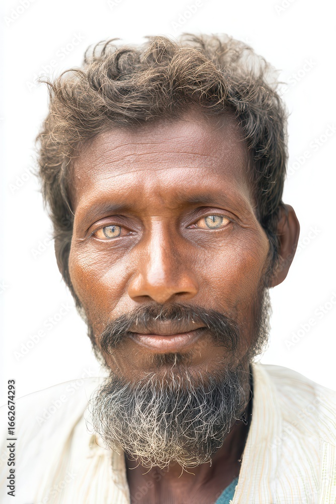 Fototapeta premium Poor Bangladeshi man in traditional attire on white background.