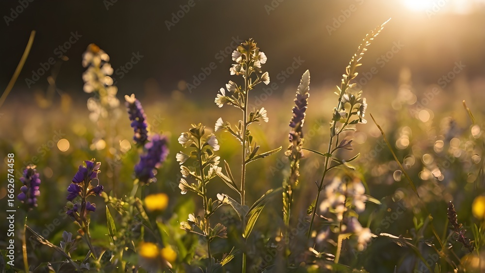 Obraz premium field of wildflowers and sun rays