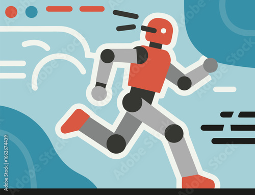 A robotic figure in an athletic pose is captured mid-run against a backdrop of abstract shapes and colors, embodying speed and movement. The scene conveys a sense of futuristic athletics, emphasizing 