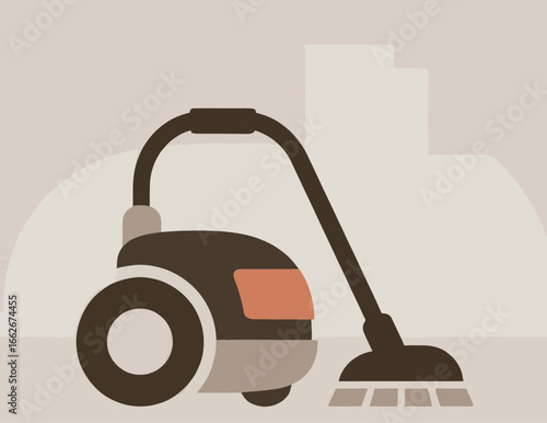 A sleek vacuum cleaner is positioned prominently against a light backdrop resembling a cityscape. Its modern design emphasizes functionality and aesthetic appeal, representing advanced cleaning techno